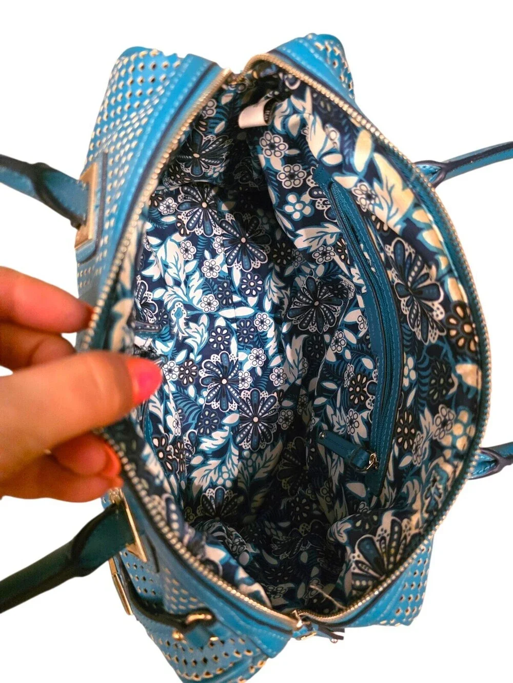 Nine West Teal Blue Perforated Satchel Shoulder Bag Purse Floral Lining
